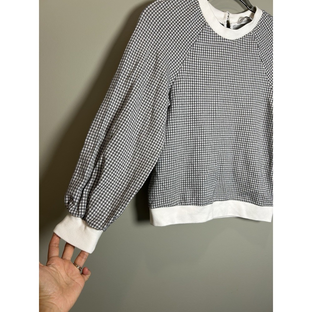 PEARL by Lela Rose XS Grey and White Gingham Crewneck Pullover Long Sleeve Top - Picture 7 of 12